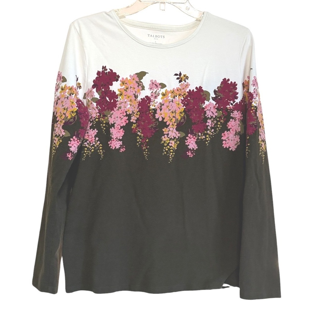 Talbots Fall Floral Border Print Long Sleeve Tee Off White Brown L Cotton Autumn